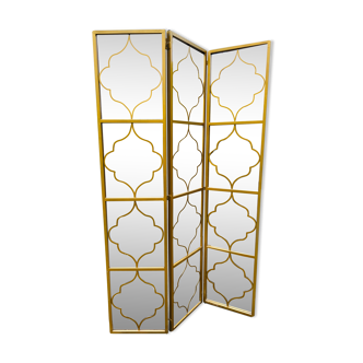 Paravent miroir style oriental 3 volets en métal doré