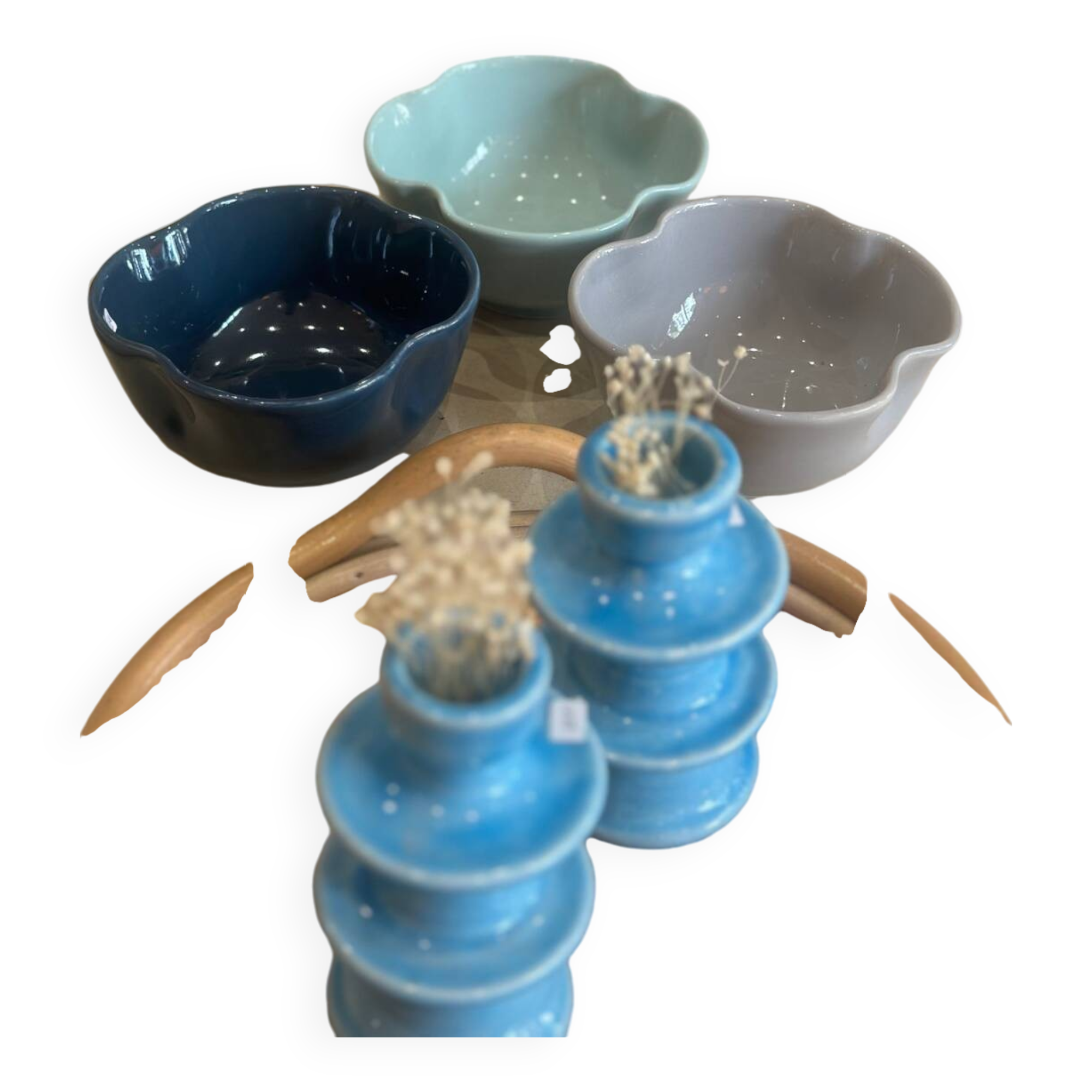 Handmade glazed ceramic bowl with sky blue pop clover flower