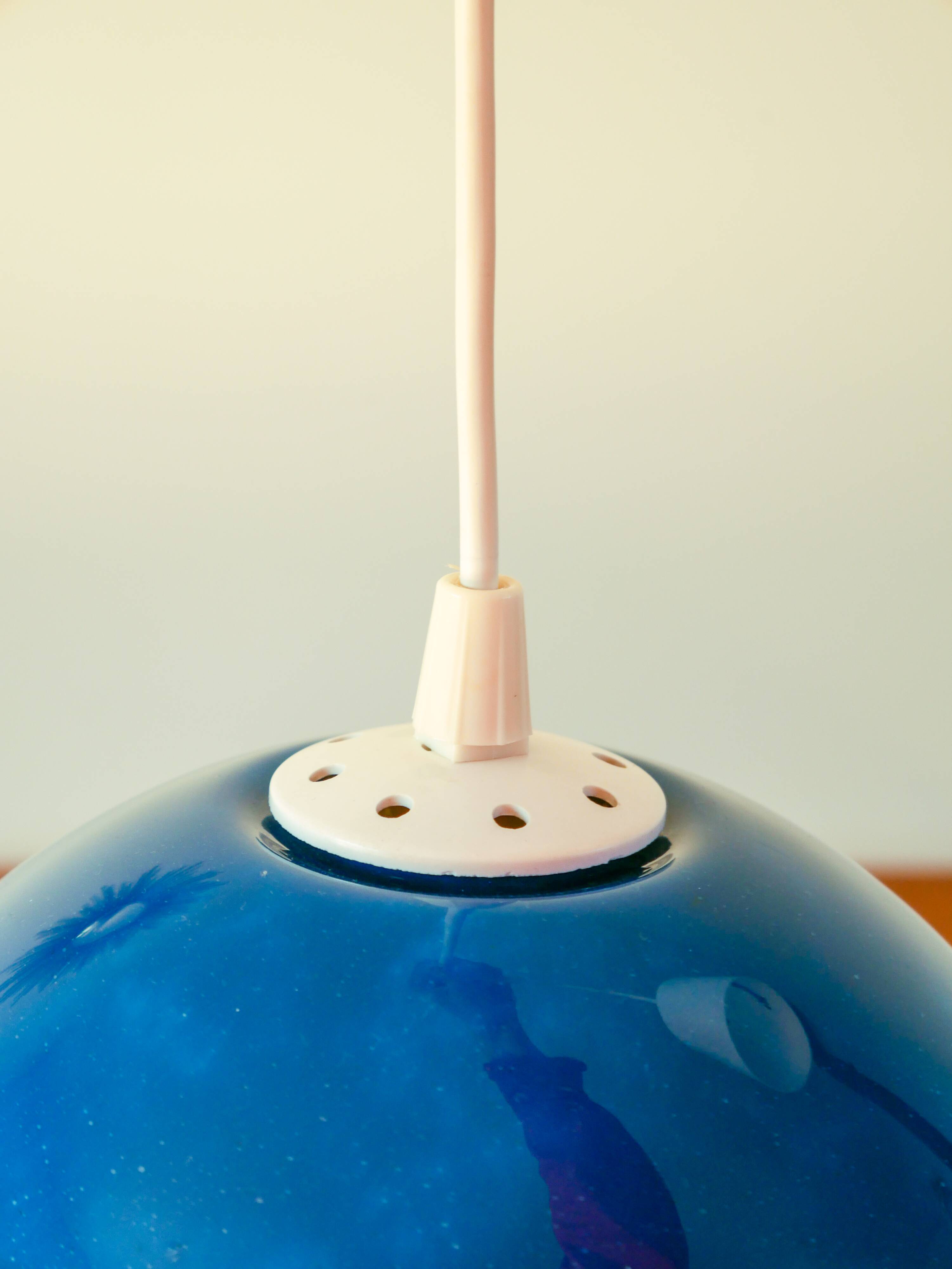 Spherical pendant light in royal blue opaline design 1970
