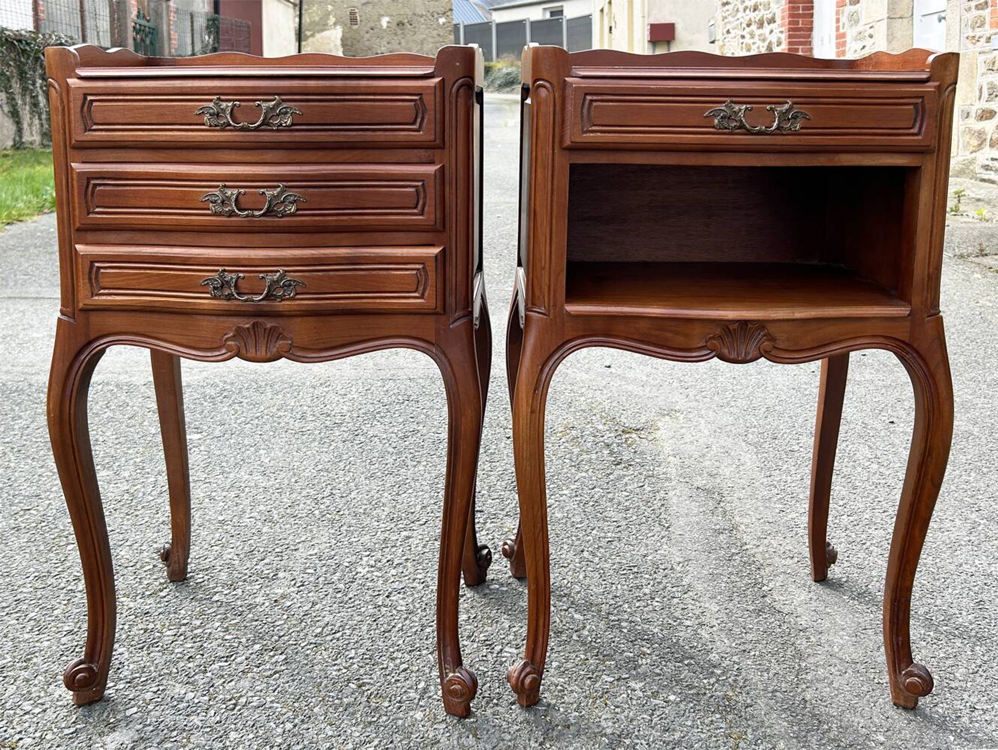 Pair of Louis XV style bedside tables, wood, vintage, early 20th century.
