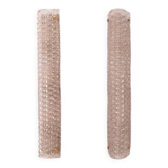 Paire d'appliques murales modernes italiennes en laiton et verre de Murano texturé rose pâle