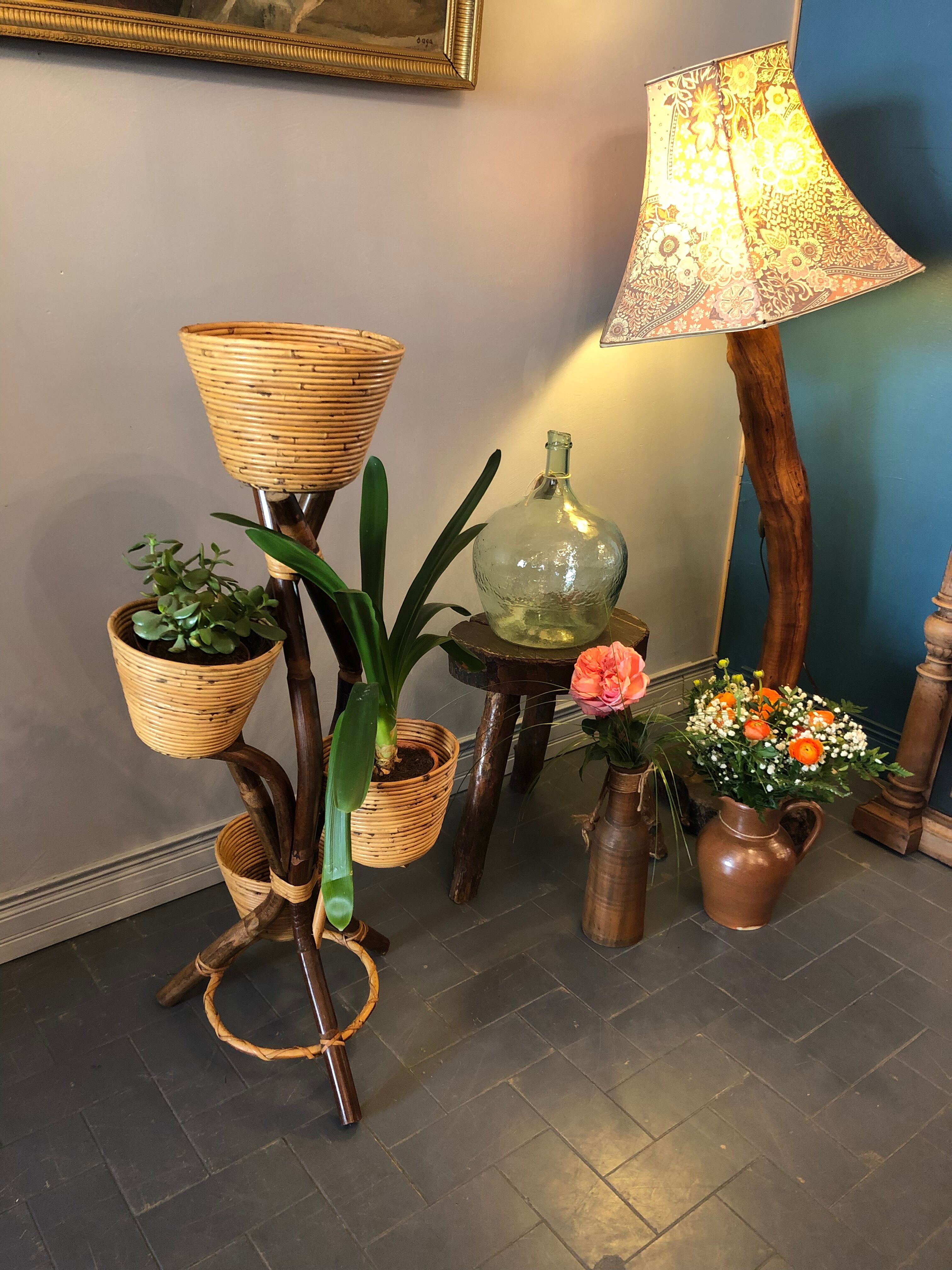 Vintage bamboo and rattan plant holder