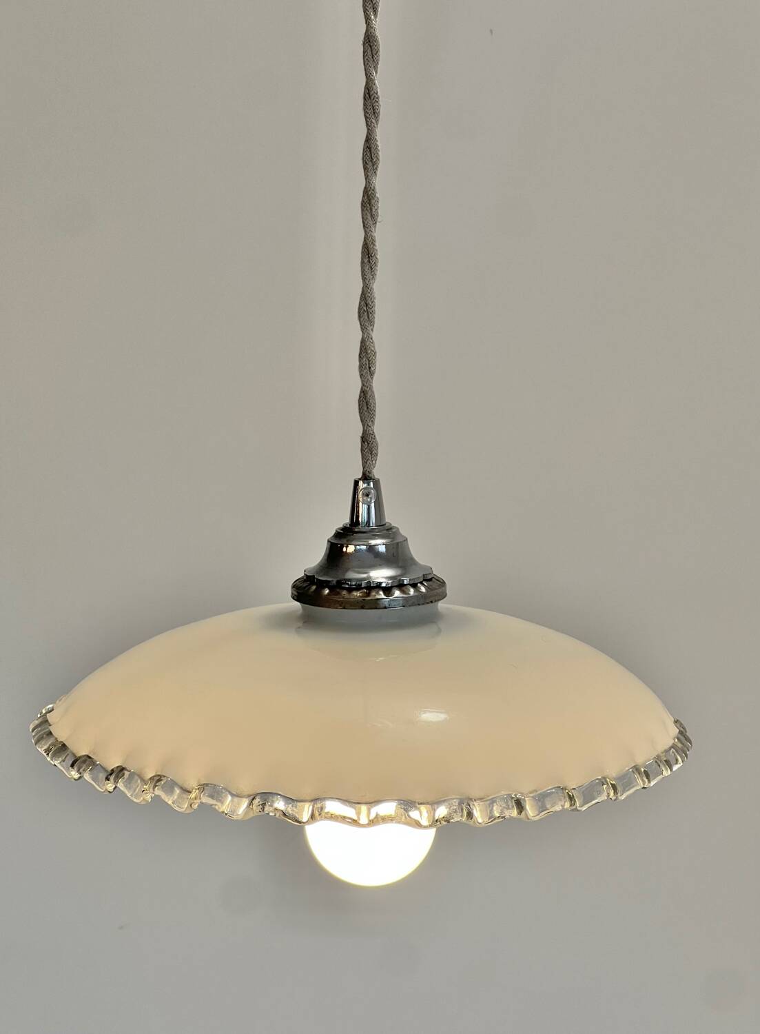 Art Deco opaline pendant light with metal lace balcony