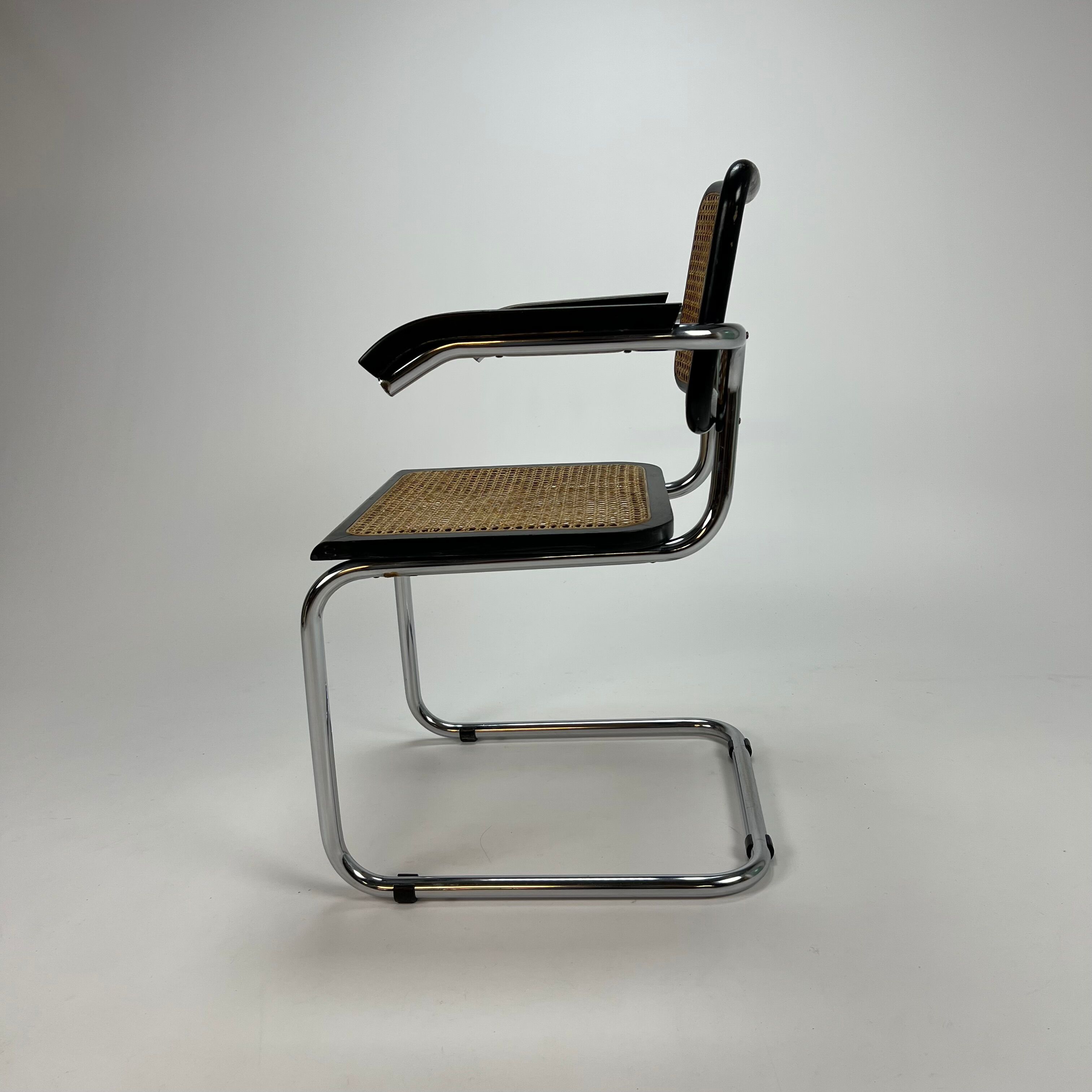 Tubular frame and cane cantilever arm chairs by Marcel Breuer, italy, 1970s