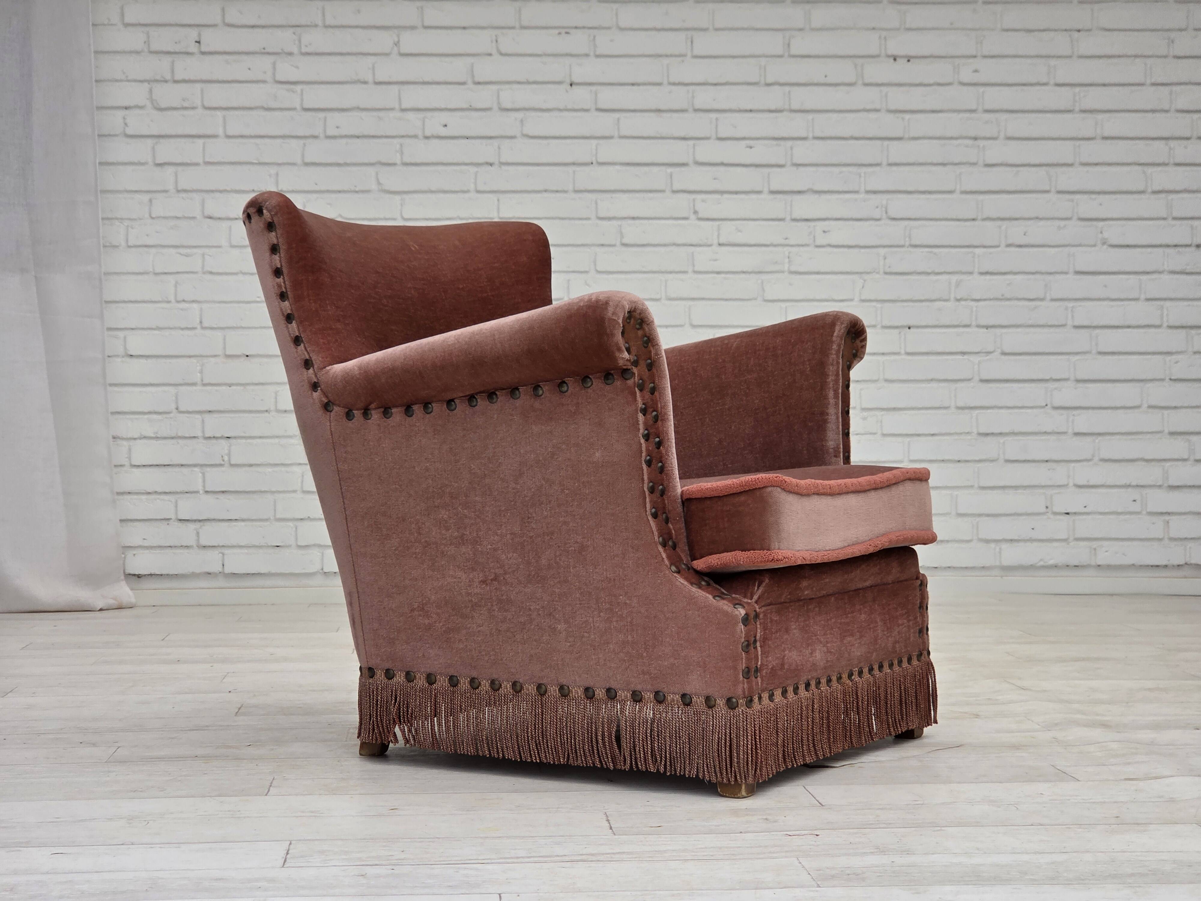 1970s, Danish armchair, salmon pink furniture velour, beech wood.