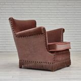 1970s, Danish armchair, salmon pink furniture velour, beech wood.
