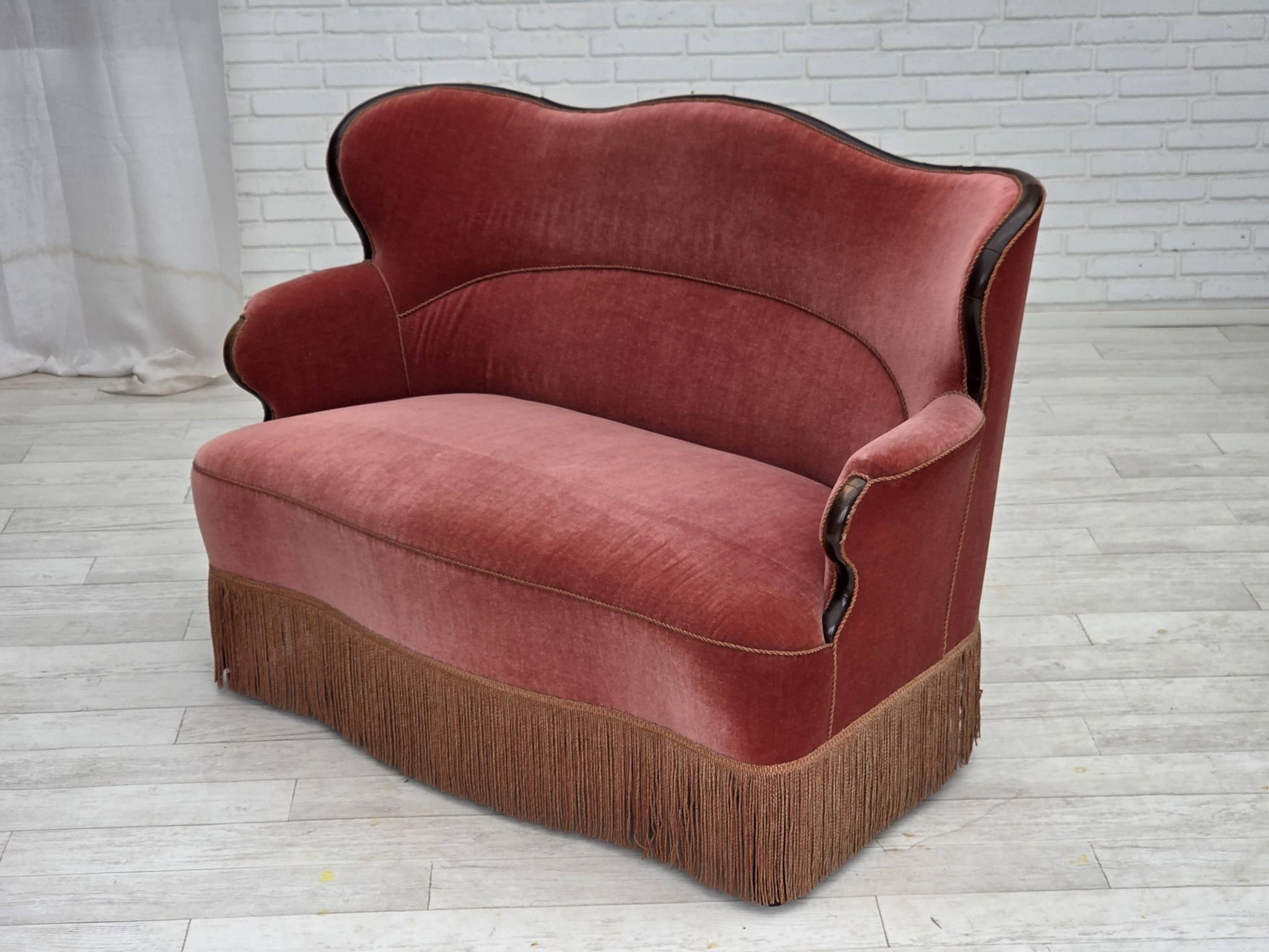 1950s, Danish 2-seater sofa, salmon pink furniture velour, ash wood.