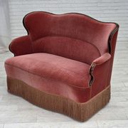 1950s, Danish 2-seater sofa, salmon pink furniture velour, ash wood.
