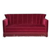 1960s, Danish 2-seater sofa, red furniture velour, ash wood legs.