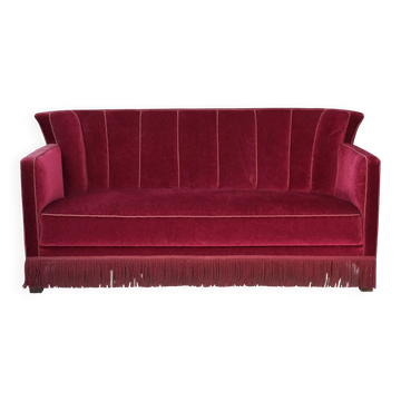 1960s, Danish 2-seater sofa, red furniture velour, ash wood legs.
