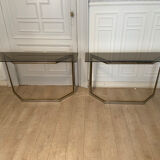 Pair of chrome metal consoles and smoked glass, Italy, 1970s