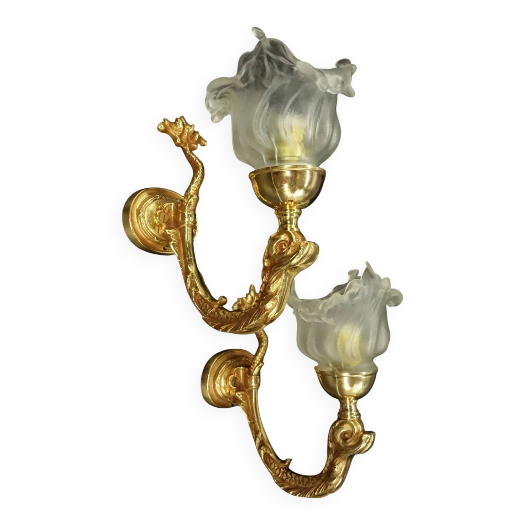 Pair of dolphin wall sconces in Louis XVI style - gilded bronze