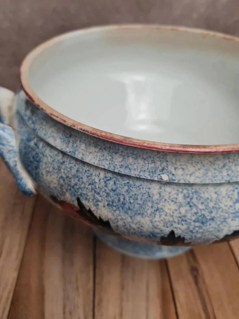 Antique Gien soup tureen with blue thistle decoration, ironstone.