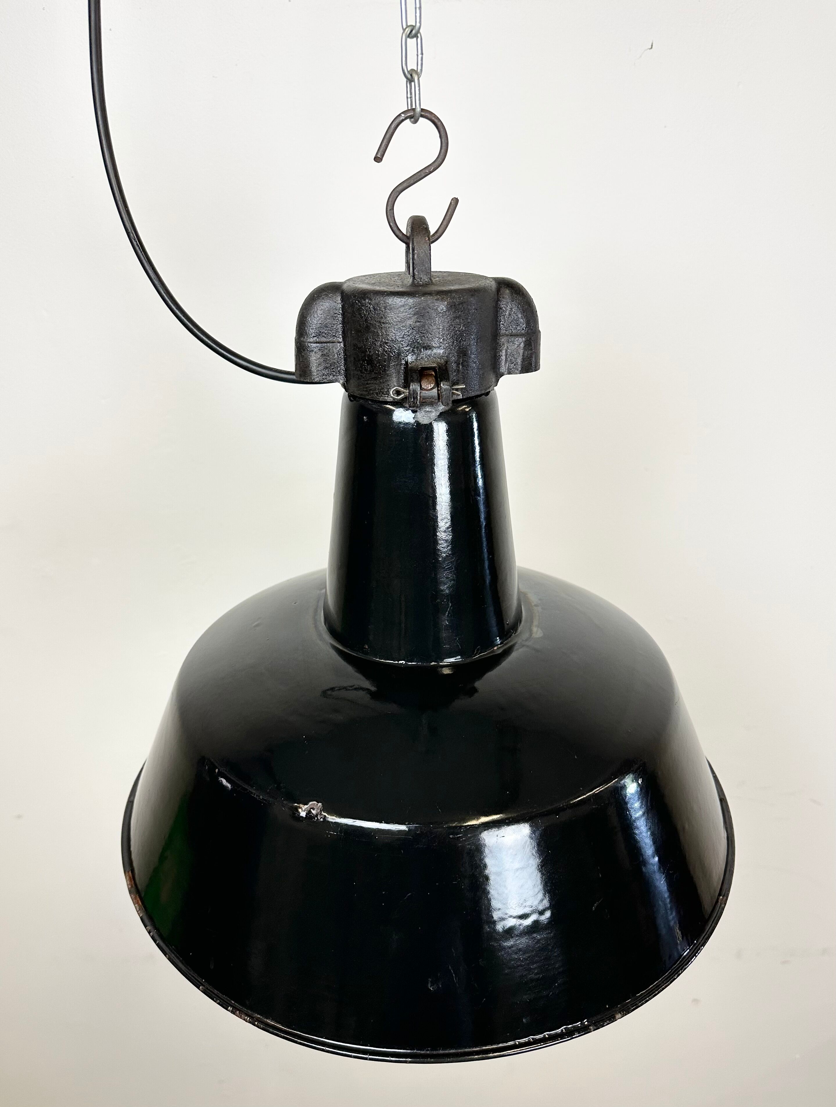 Industrial Black Enamel Factory Lamp with Cast Iron Top, 1950s