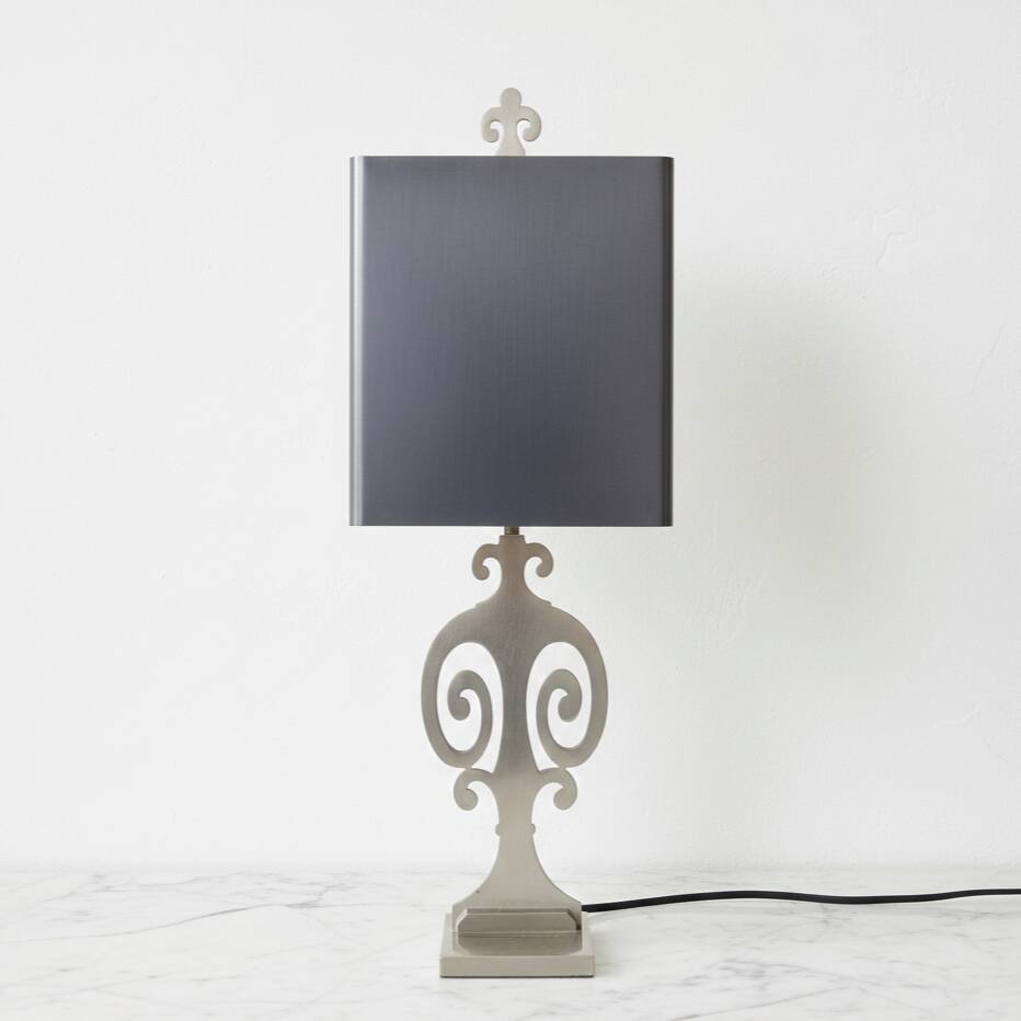 Neoclassical table lamp in brushed metal, in the style of Maison Charles