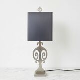 Neoclassical table lamp in brushed metal, in the style of Maison Charles