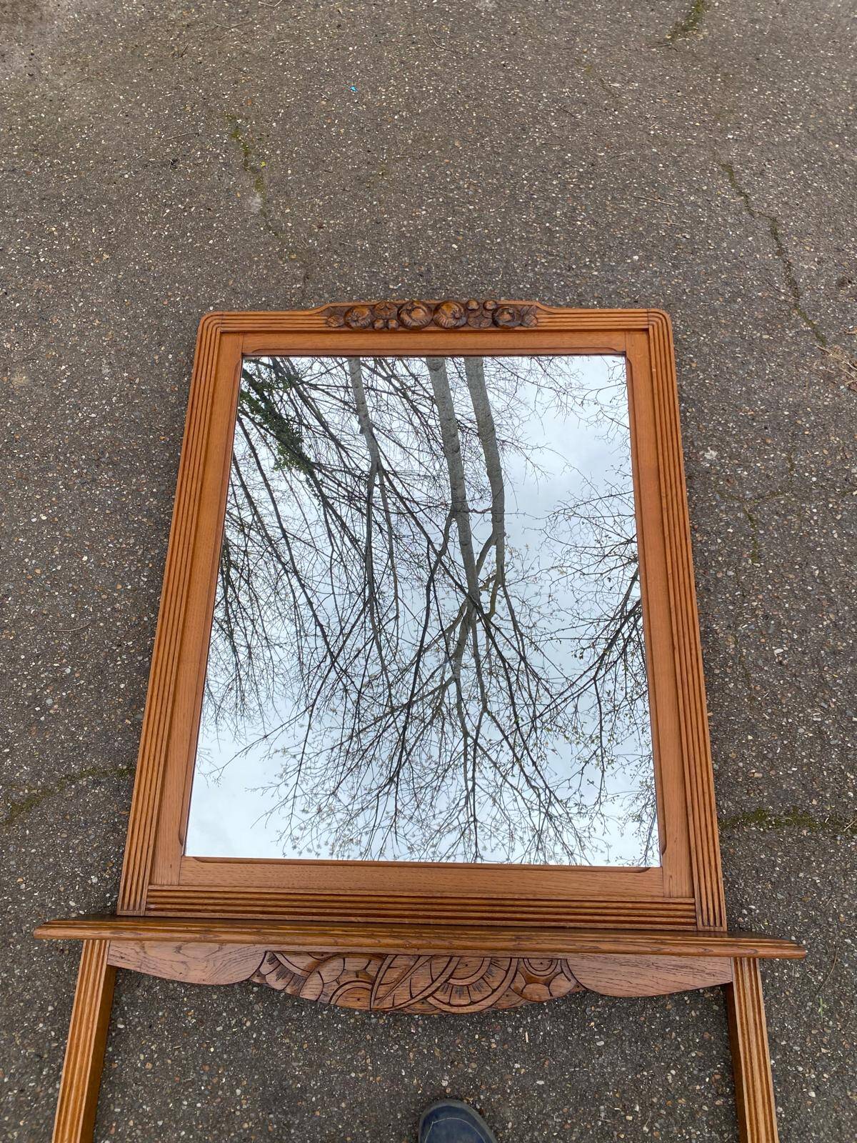 1950s Art Deco entrance mirror in solid oak console