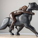 Ariadne and the Panther, Art Deco Sculpture in Wood and Brass, 1920s