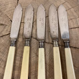 5 English fish knives in silver metal and Bakelite