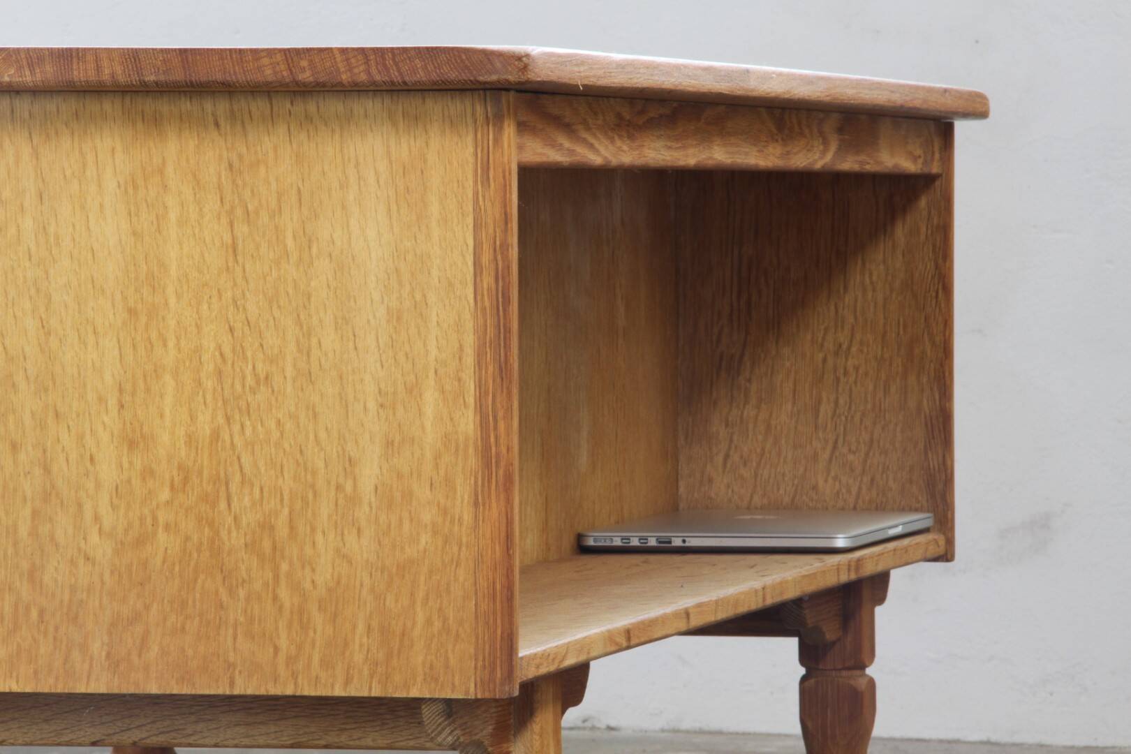 Vintage Mid-Century Oak Desk with 6 Drawers, Open Back, Kjærnulf Style