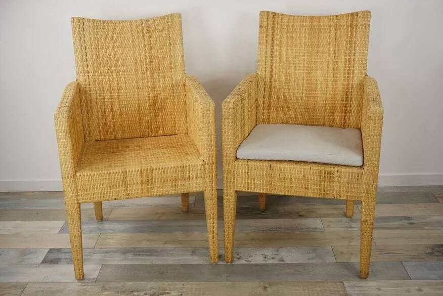 Bridge-style armchair in wood and woven rattan