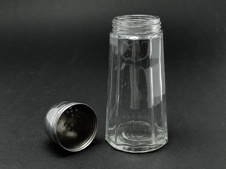 Powdered sugar bowl, glass, chrome-plated brass, Sweden, 1970s.
