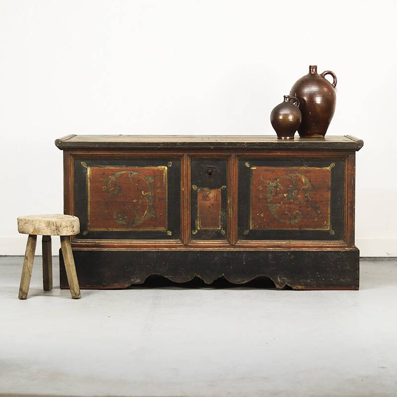 Very large painted folk art rustic farmhouse bridal chest / dresser