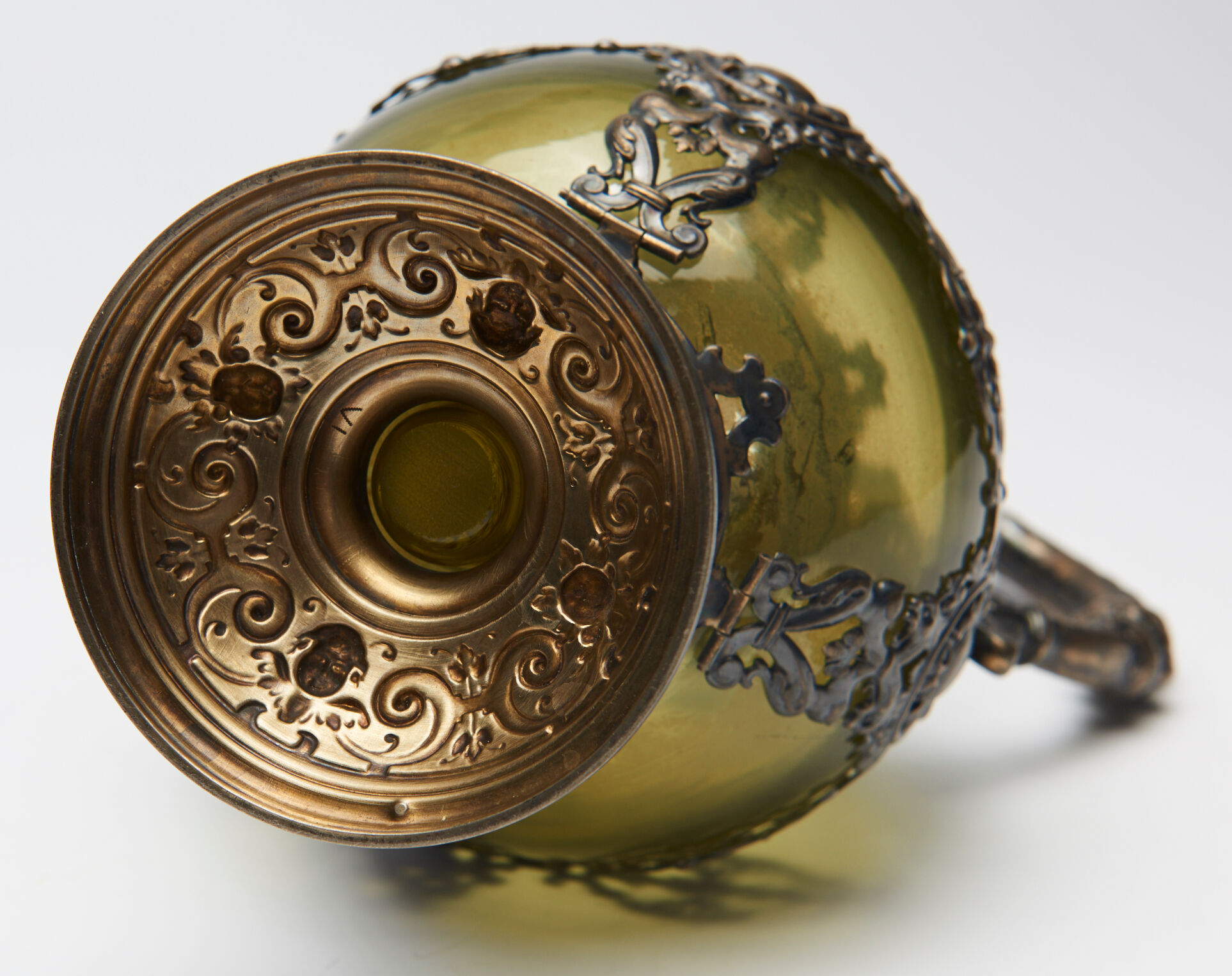 Nineteenth Renaissance style ewer in glass green and brass