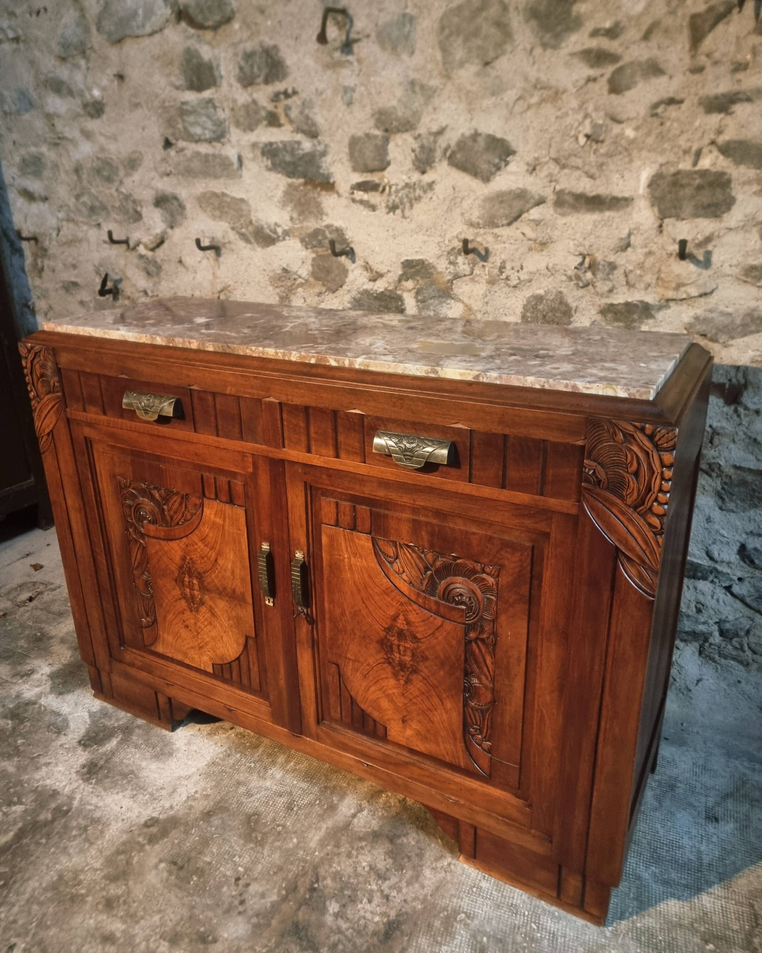 French Art Deco walnut sideboard with marble top (1930s)