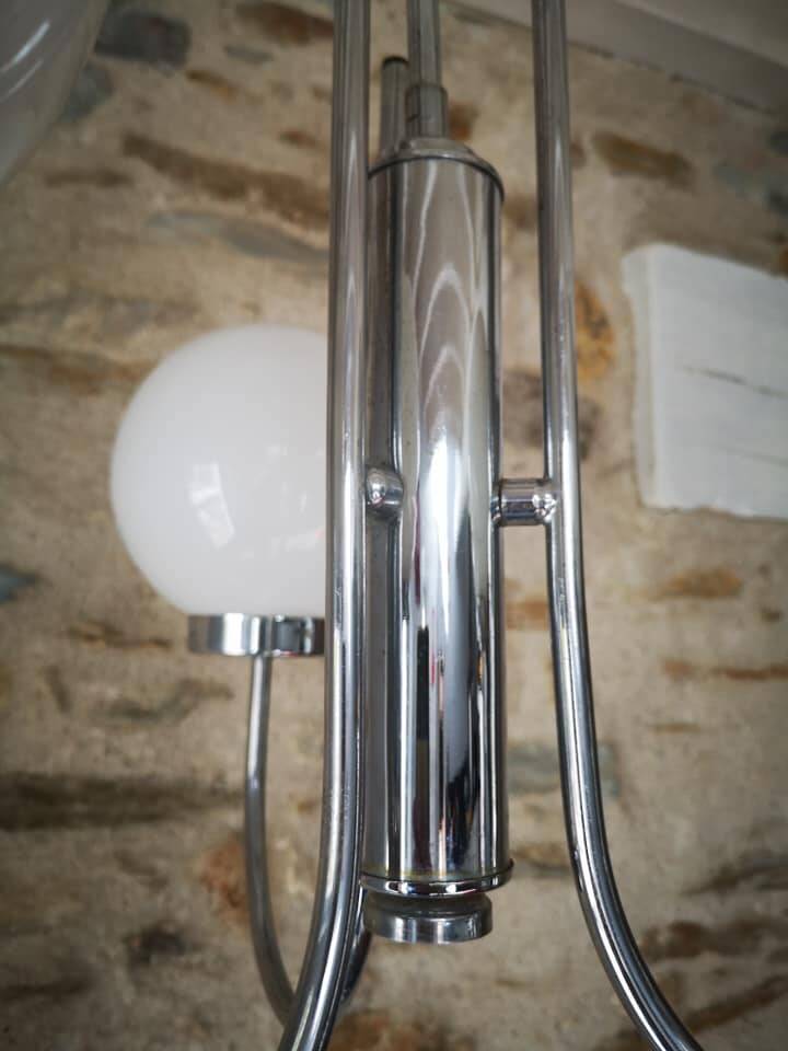 Old 3-light globe opaline stainless steel pendant/chandelier 1960/1970 space age vintage