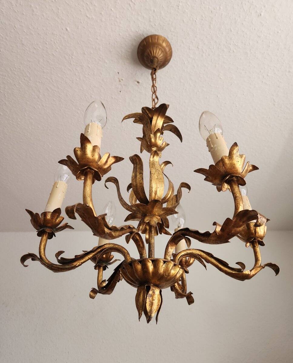 Vintage Hollywood Regency 6 light Chandelier gilded Italy Florence 1950-60