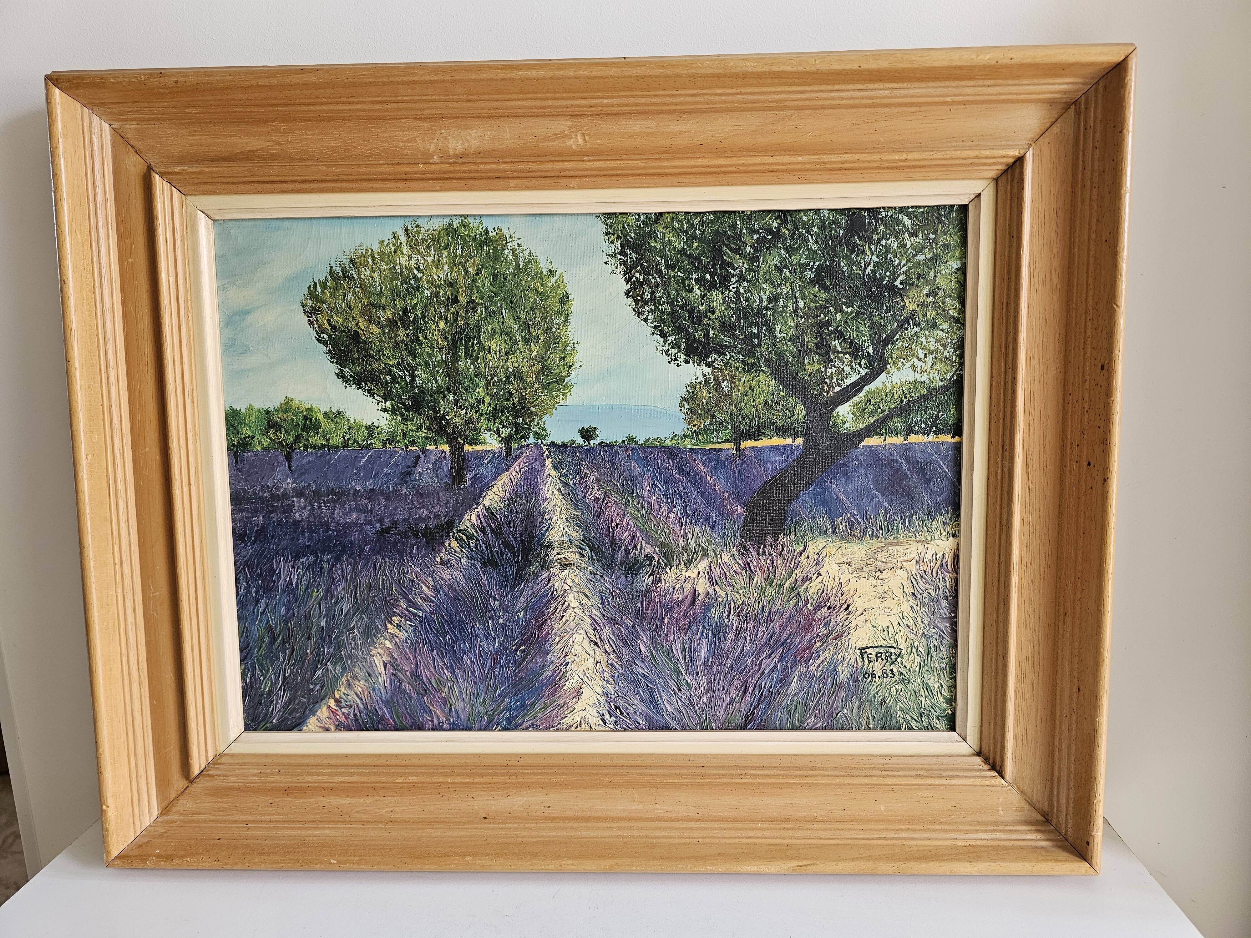 Oil on Canvas Landscape Almond Trees and Lavenders signed Jean Claude Fer