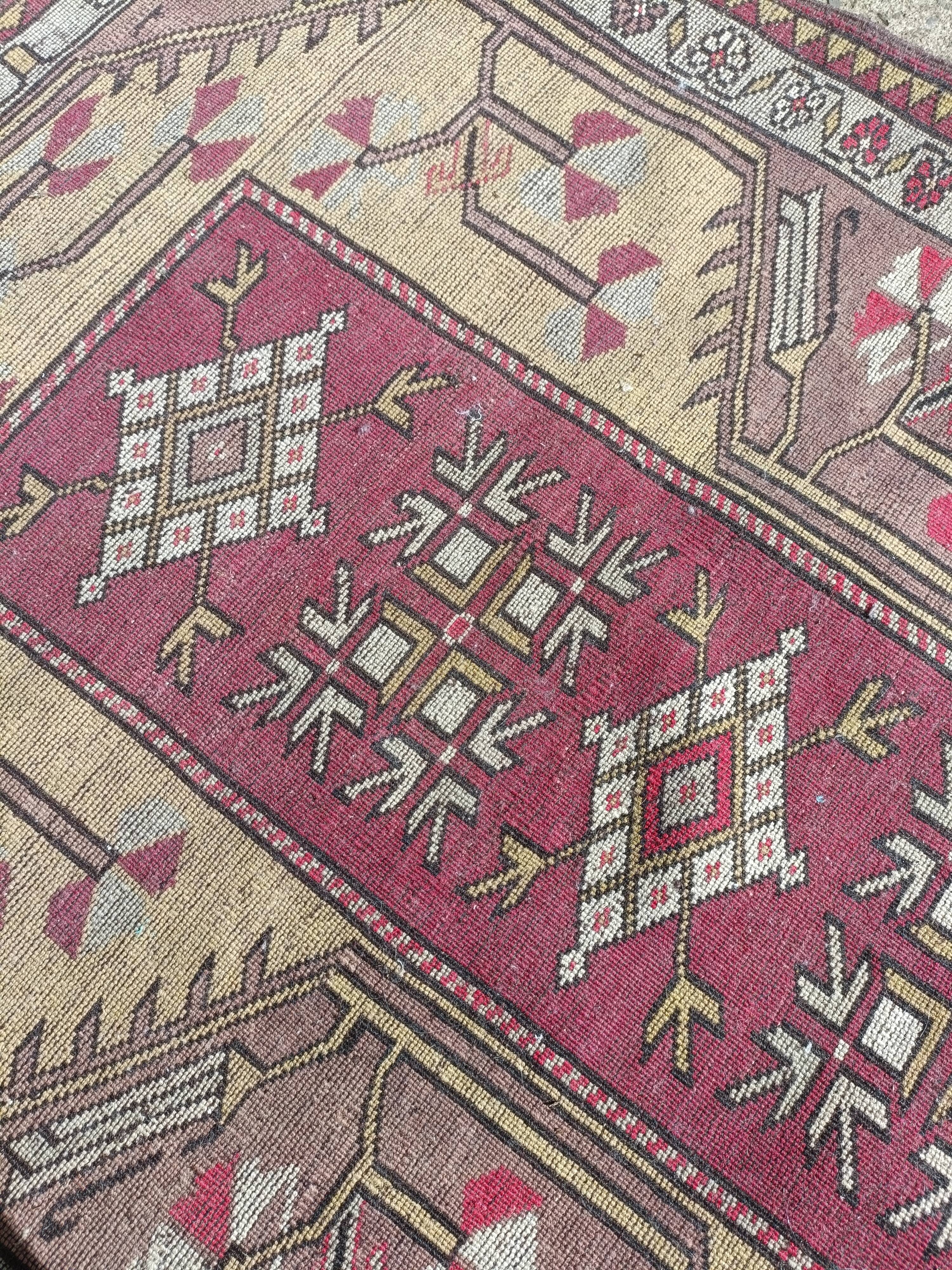 Turkish carpet handmade yellow background pink decoration, 127x91 cm