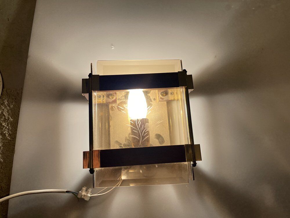 Smokey Glass Wooden Brass Sconces, Set of 2