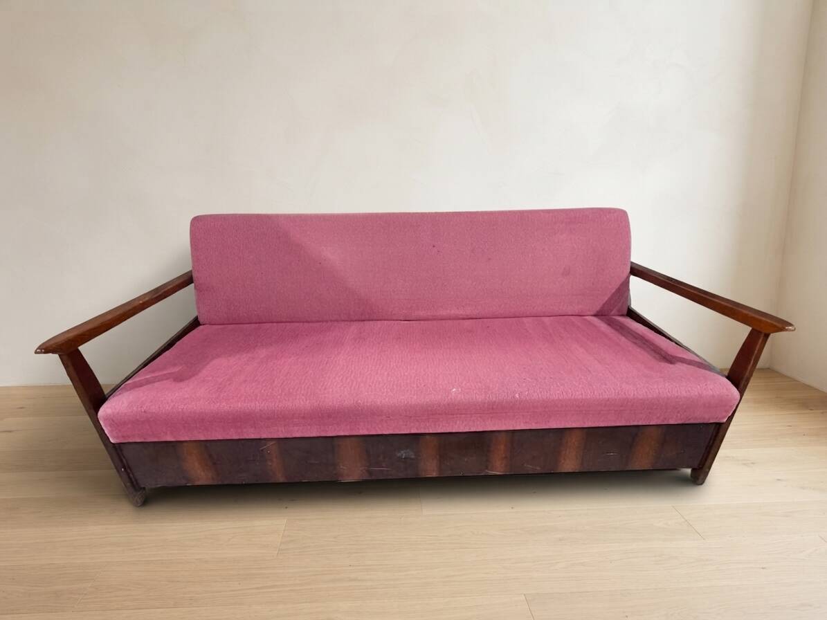 Burgundy folding sofa bed by Edmund Homa, mid-century modern, 1960s, Czechoslovakia, 200 × 88 × 80 cm