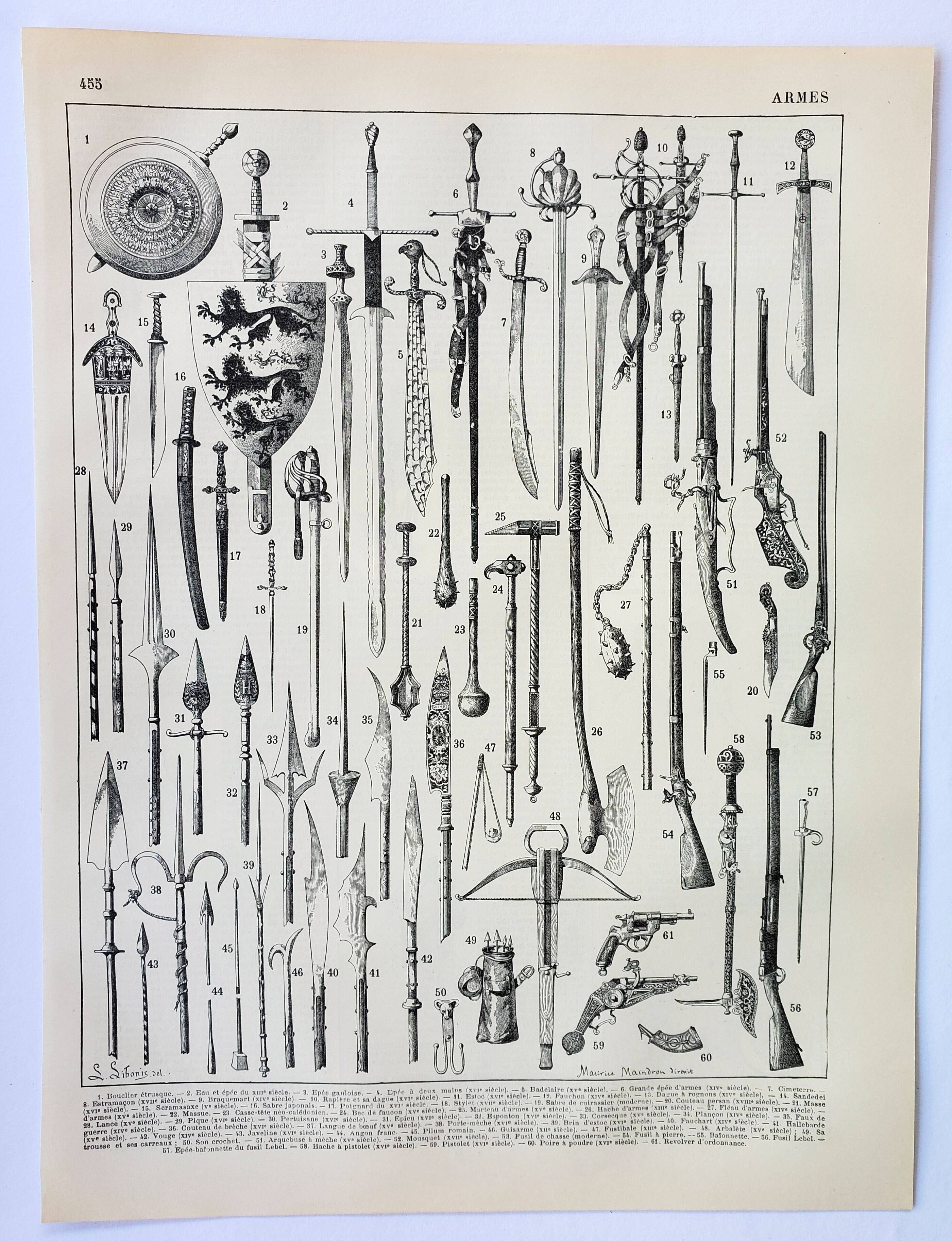 Old lithograph 1898, Ancient weapons, sword, pistol, knife • Engraving, Original plate