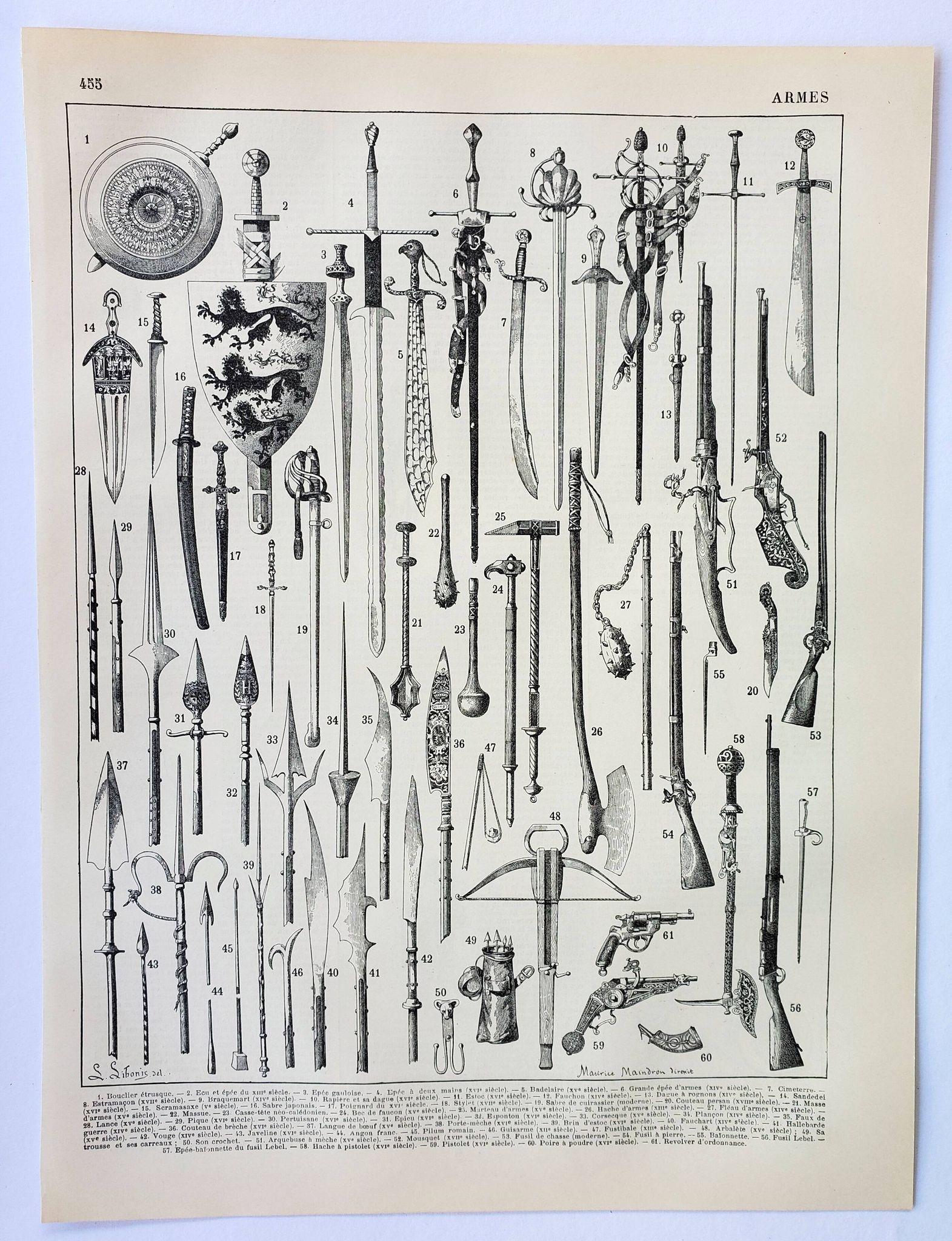 Lithographie ancienne 1898, Armes anciennes, épée, pistolet, couteau • Gravure, Planche originale