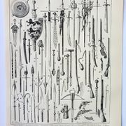 Lithographie ancienne 1898, Armes anciennes, épée, pistolet, couteau • Gravure, Planche originale