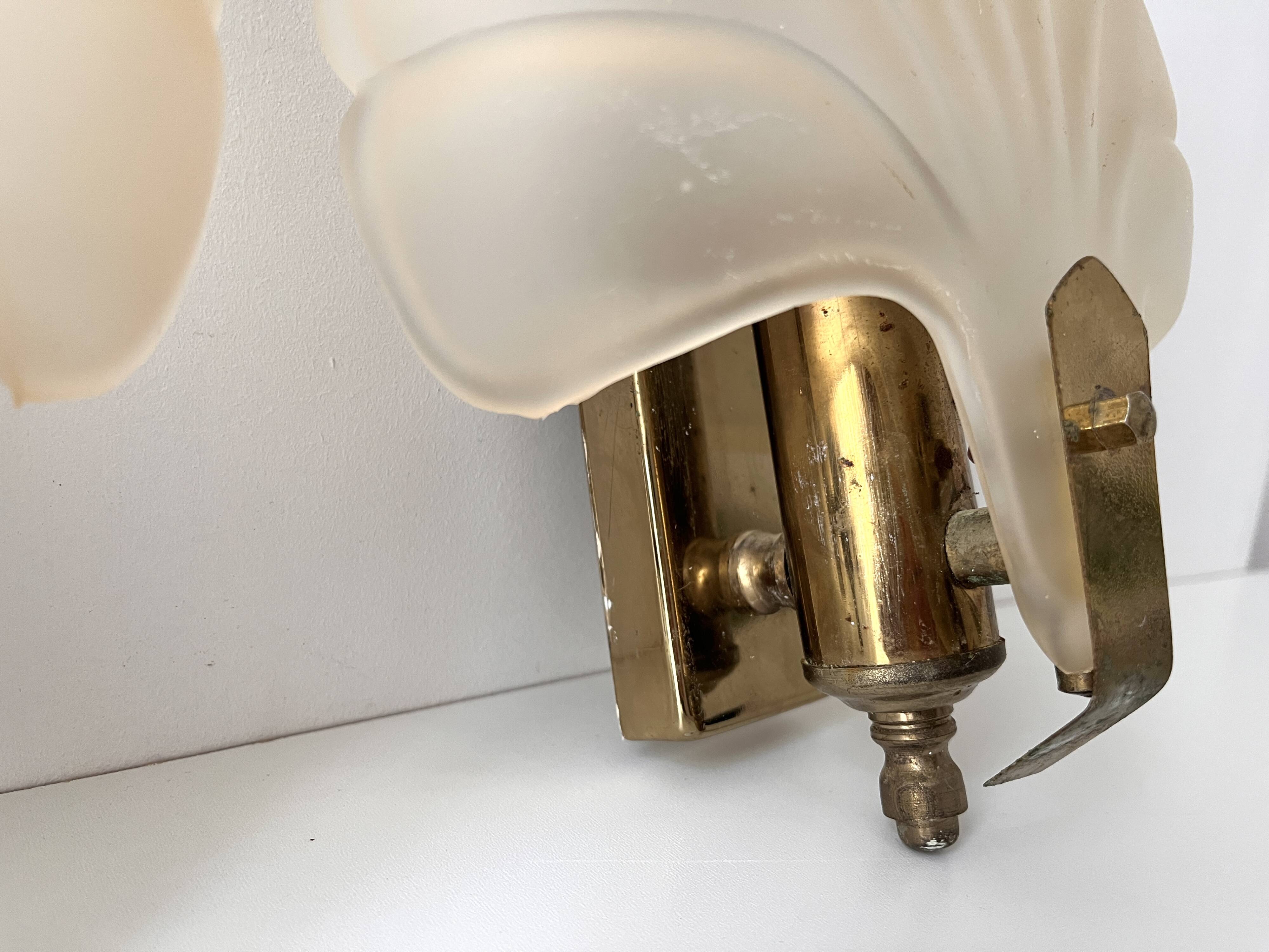 Pair of vintage shell glass wall lights, Art Deco style fixtures.