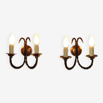 Pair Of French Vintage Hand Forged Iron And Copper Double Wall Lights 4570