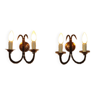 Pair Of French Vintage Hand Forged Iron And Copper Double Wall Lights 4570