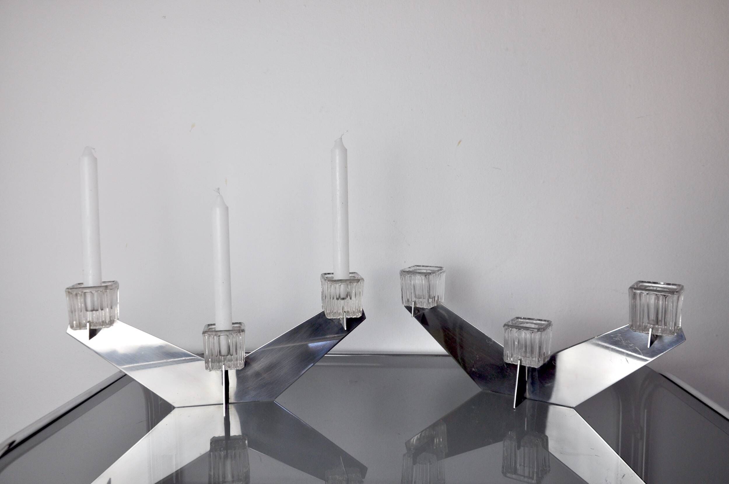 Pair of Peill & Putzler candlesticks, glass and metal, Germany, 1970