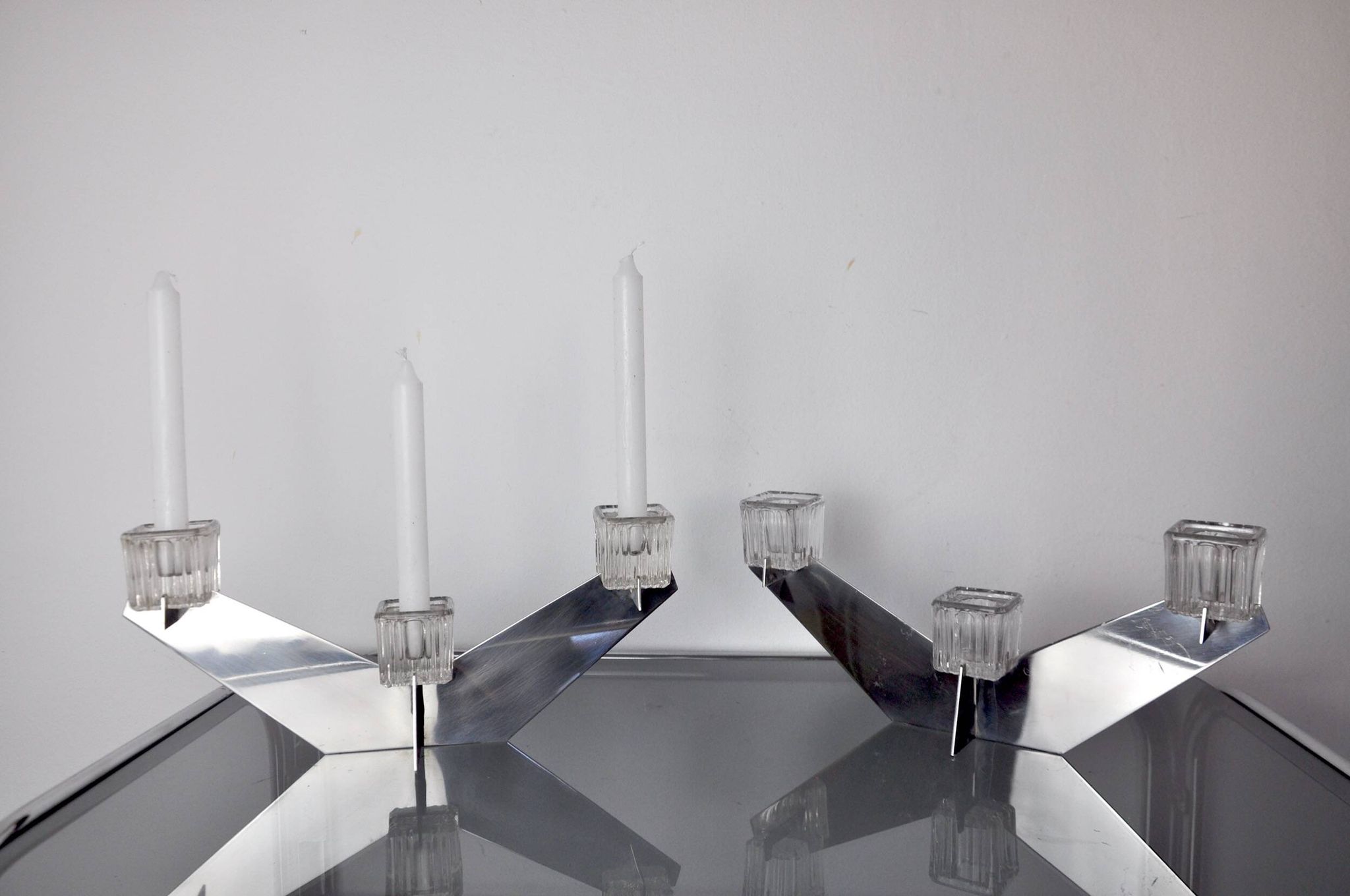 Pair of Peill & Putzler candlesticks, glass and metal, Germany, 1970