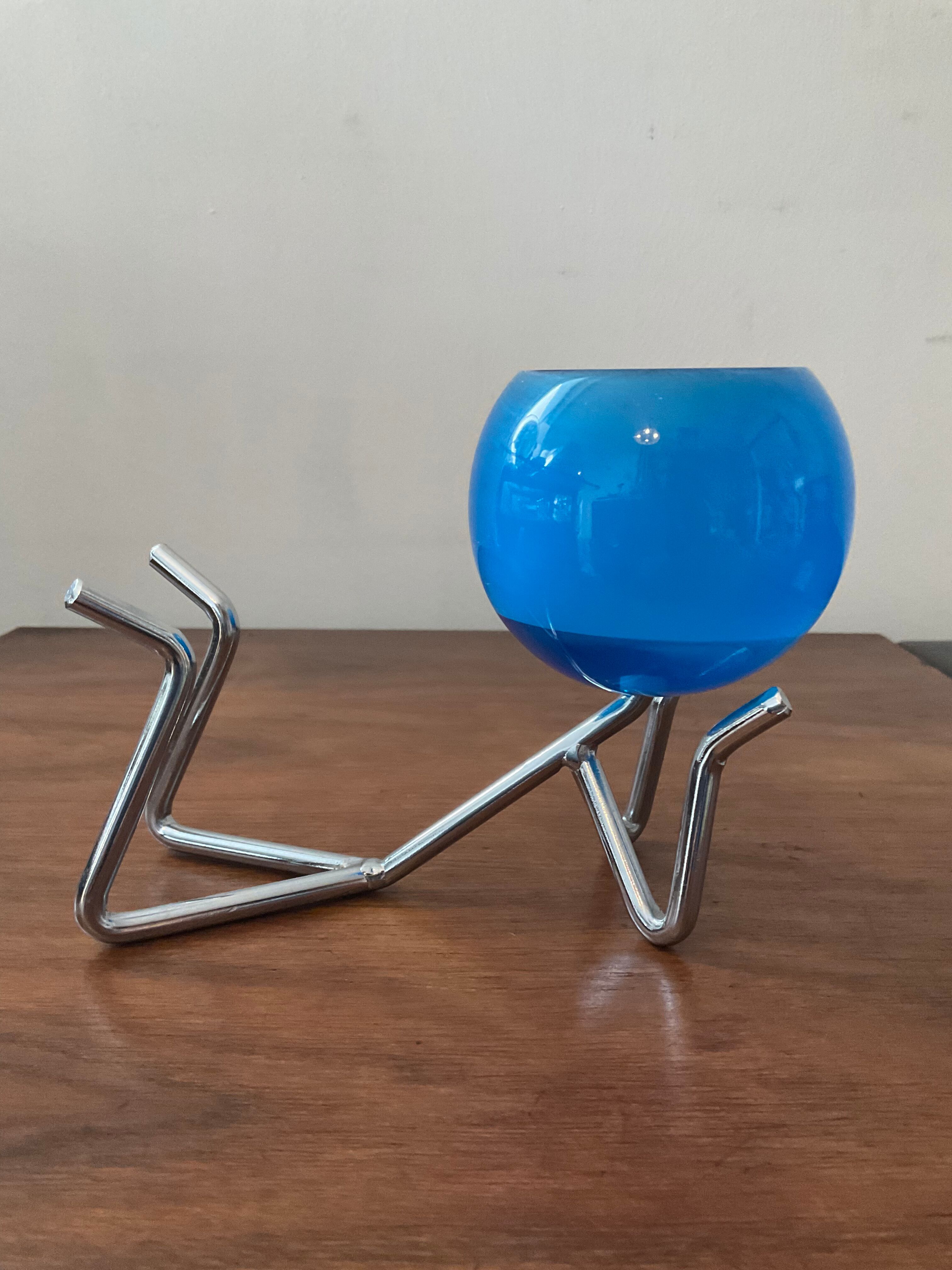 Pair of vintage candle holders 80s in stainless steel and glass paste