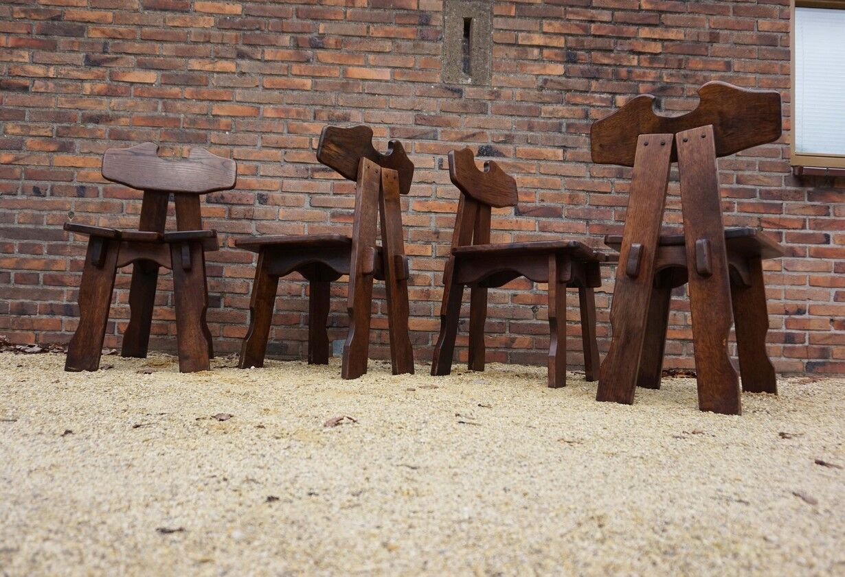 Dutch brutalist solid oak dining chairs, 1970s, set of 4