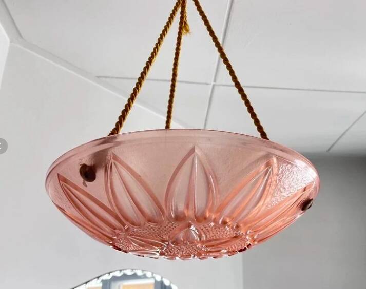 Vintage suspension Marguerite glass pink fabric cords Art Deco