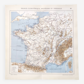 Carte de la France balnéaire et thermale vintage de 1950