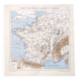 Carte de la France balnéaire et thermale vintage de 1950