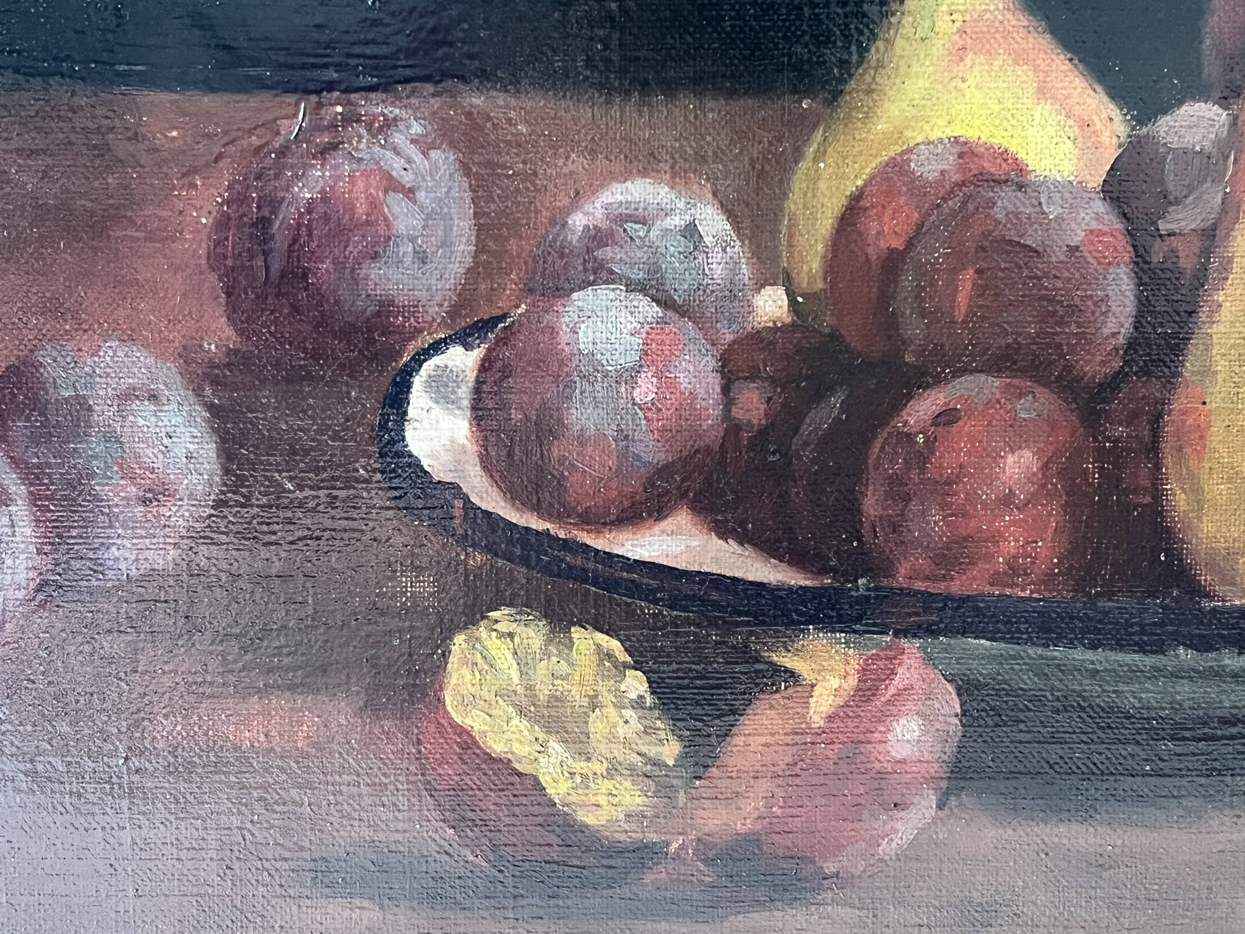 Oil on canvas of a still life with pears 1911, antique framed painting