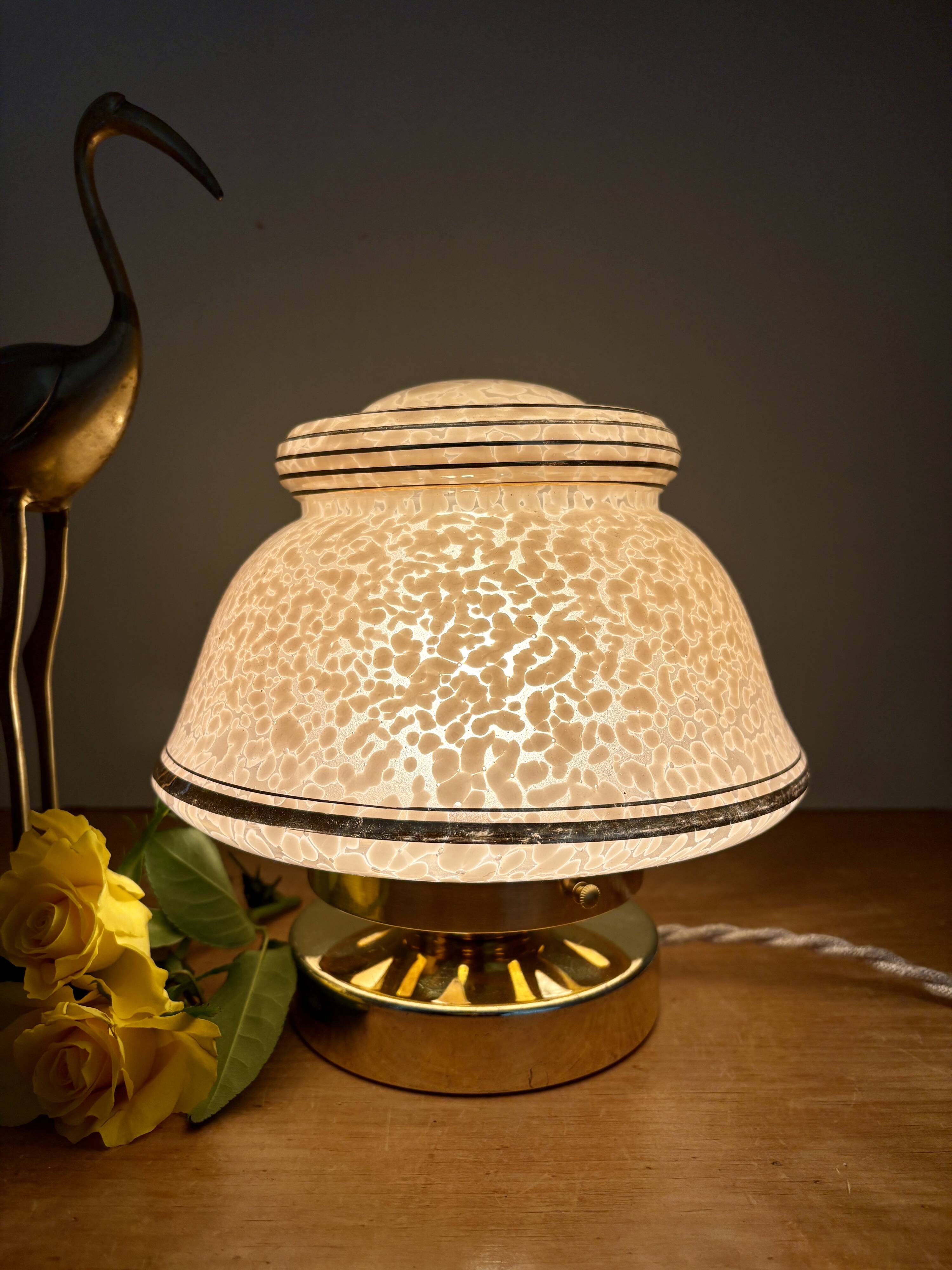 Antique art deco globe table lamp in pink and gold Clichy glass